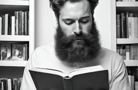 A bearded man reads a book outloud